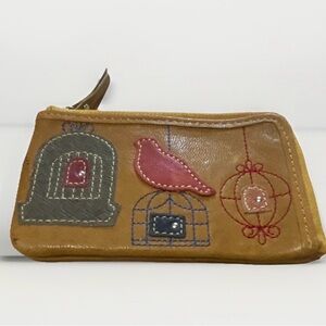 Vintage Fossil Wristlet Leather Embroidered Birdcage, bird wallet Zip Close